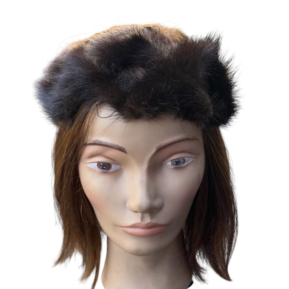Vintage Genuine Mink Fur Headband Brown Lattice Cutout Crown Satin Bow Back